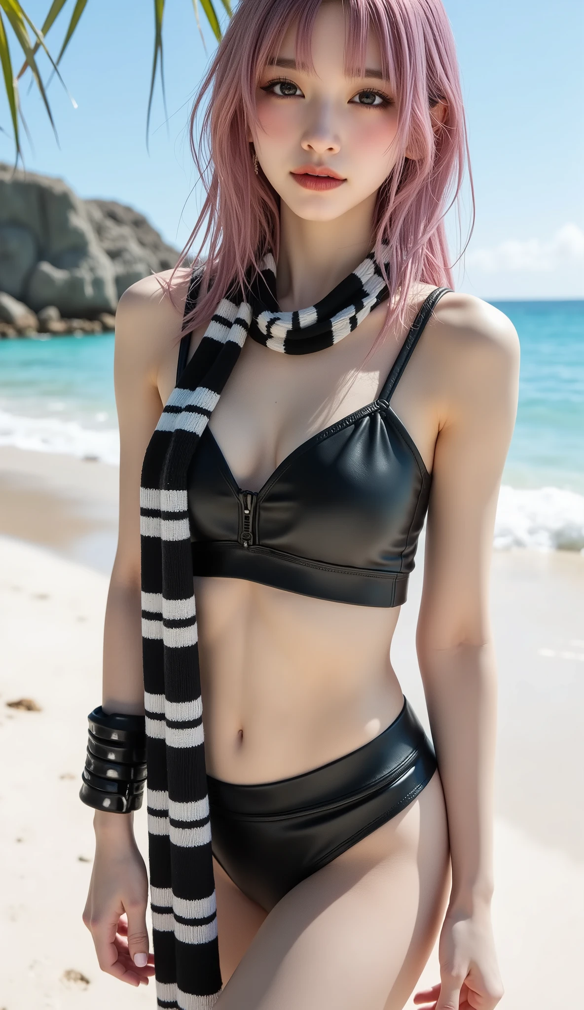 ((Depicts a Korean Pop Idol Girl。),(live-action),((full body shot with mahiru)),(( sunny tropical beaches and seas )),(cleavage),(women's rock design black leather bikini swimsuit),(smile),(Wrap a black and white striped long scarf around your neck),Arm band,thigh band,(beautiful Korean idol makeup,beautiful lips,dark eyeshadow,long lashes),shiny skin staring at the camera, Show view , beautiful hair, Pure Eyes , (Super Long Hair,Gentle hair wrapped loosely from the middle,pink color hair),(8k, top quality , masterpiece:1.2, Very detailed on trends),( anatomically correct, Ultra Detailed Skin ,Refers to 5 books )