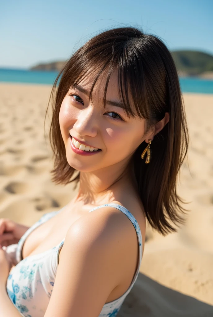 "A realistic portrait (((a single woman named Laura Stevka, She is in Beach Resort. Laura wears a light maxi dress with a sun hat))) Laura has a tight waist and smiles friendly into the camera.(((Kamera Sony FE 24-70mmm f/2.8 GM -ar 3:2)))
