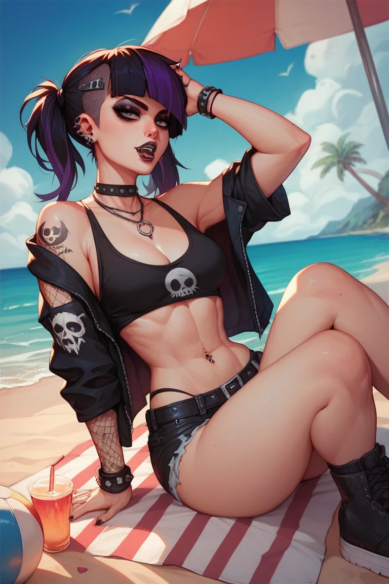 score_9, score_8_up, Ela, ela elite \(Rainbow Six Siege\),ela, ela \(Rainbow Six Siege\,1woman, hourglass body, athletic body, shiny skin, black bikini, sunny day, beach outside, black hair, short hair, bobcut, cocktail on hand, big lips, black lipstick, black eyeliner, tattoo on arm, looking at viewer, navel, thick thighs, black eyeliner, wide hips, big breasts, pawg, easynegative, csr style, Expressiveh, concept art, realistic, sitting on sand