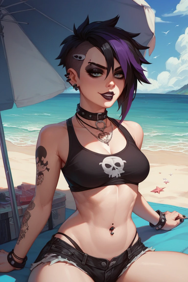 score_9, score_8_up, score_7_up, gwentd, 1girl, solo, two-tone hair, lipstick, makeup, black choker, cleavage, bikini, beach,