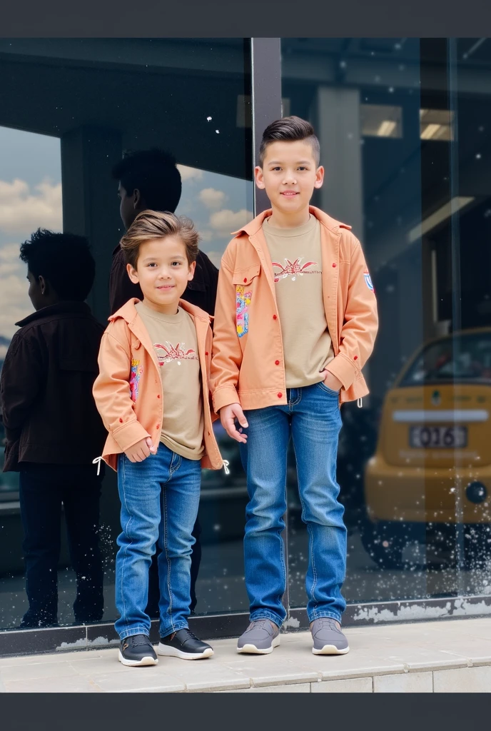 Year: ((1988)). Location: Northern Spain. two pre-raphaelite 11-year-old boys, elementary school, standing, grounded, in front of a wall in the school aisle, ((upset)), holding hands, casual clothes, jeans, ((("OMITB" cinematography)))