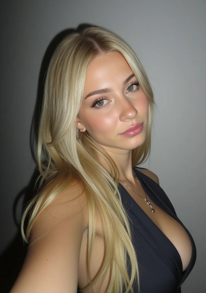 A 23 year old blonde woman, ((FULL BREASTS)), ((hyperrealism)),. Blond hair. blonde hair, extra long hair, very long hair, very long hair, cool, Front view, selfie, Photo taken with iPhone, elegant black shirt with NECKLINE, low cut, selfie in the garden, good quality, iPhone selfie, Cleavage