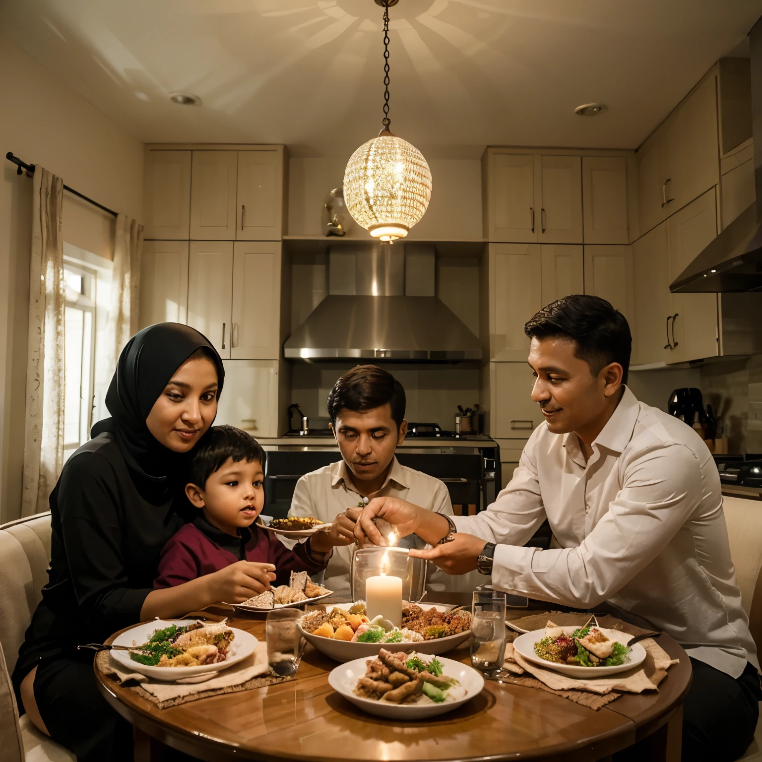 A happy smiling Muslim family, sitting together around a dining table filled with various dishes. Father, mother, and their two children sat close together with warm and affectionate expressions. They looked at each other with happiness, reflecting the strong and harmonious family ties. The cozy dining room background with soft lights adds warmth to this family moment, showing affection and cooperation in daily life.very real, high resolution, 8k resolution, intricate details