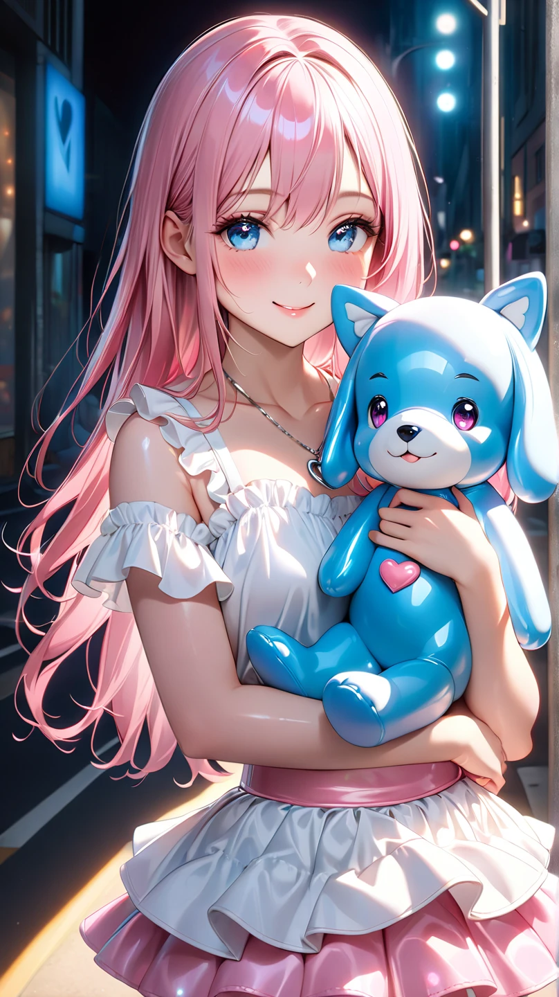 (masterpiece, Highest quality:1.4),Cinematic Light,colorful,High Contrast,(One person),Alti OP,One Piece Anime,((Large Breasts)),Multicolored Hair,Long Hair,Blue Hair,Pink Hair,bangs,horn,Blue Skirt,High Waist Skirt,White shirt,Happy,(hugging a blue stuffed dinosaur:1.1),At the bed,