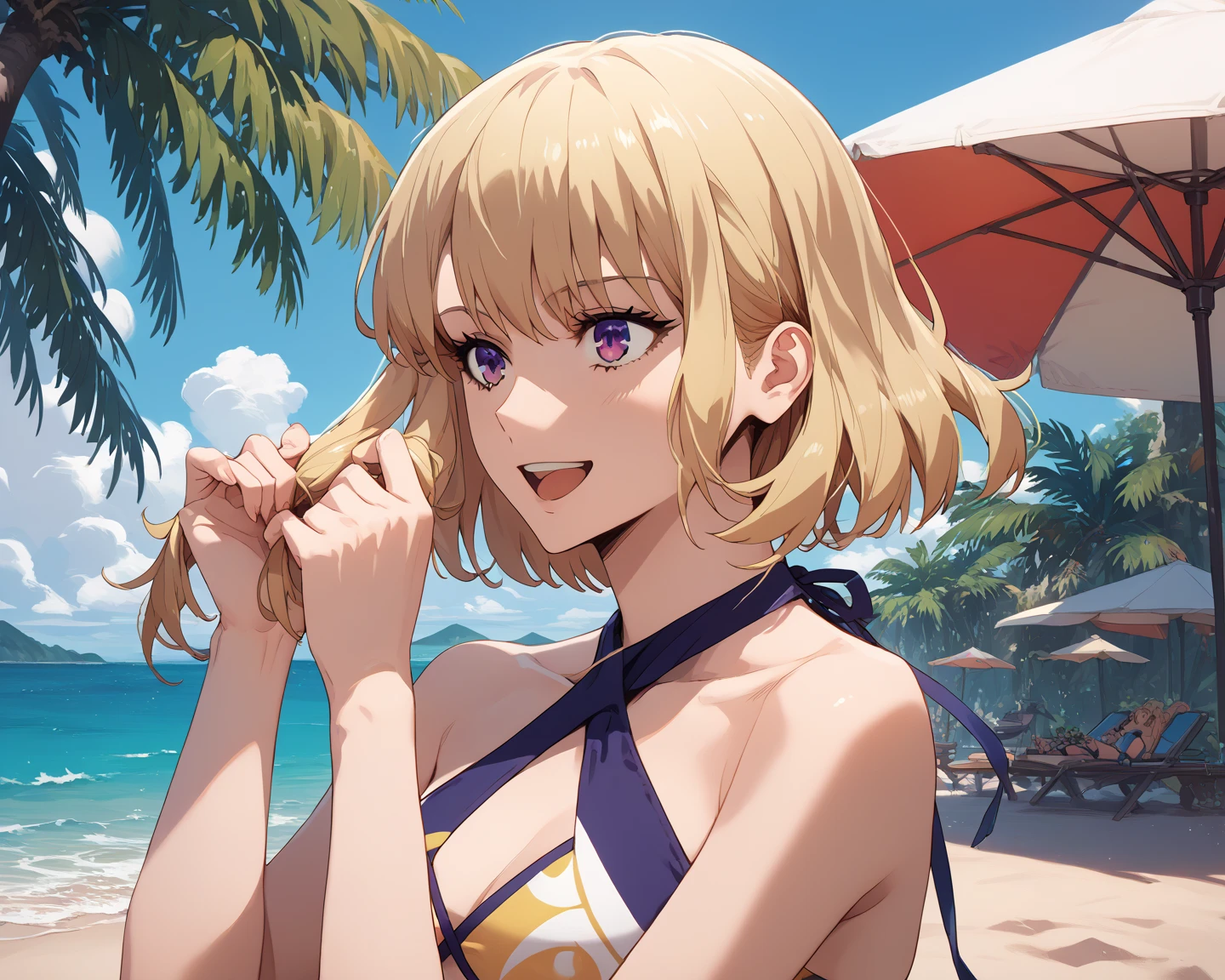 ((Highest quality、、masterpiece:1.3)), Upper Body、Long legs、Sharp focus:1.2, Beautiful woman with perfect figure:1.4、(Smiling:1.2), double eyelid、30-year-old female、Sexy pose、((((Close your mouth、One Woman、Bunny girl,Beach、Tropical、Sandy Beach、Rocky area、Ocean))))