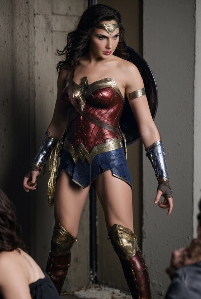 (crying Gal Gadot open thighs),(WonderWoman manspread),solo,(torn costumes),bikini,coverd nipples,(white panties),abs,damage, injuries, blood, bruises,(shoot from below),
