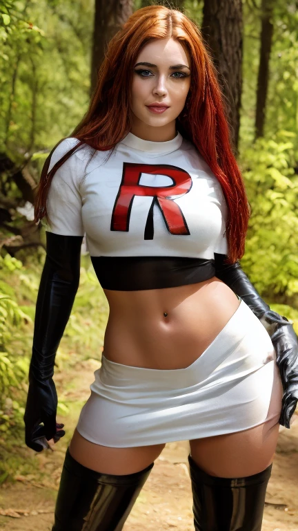 (Realisitc:1.5) woman wearing team rocket,team rocket uniform,white skirt,red letter R,crop top,black thigh-highs,black elbow gloves,