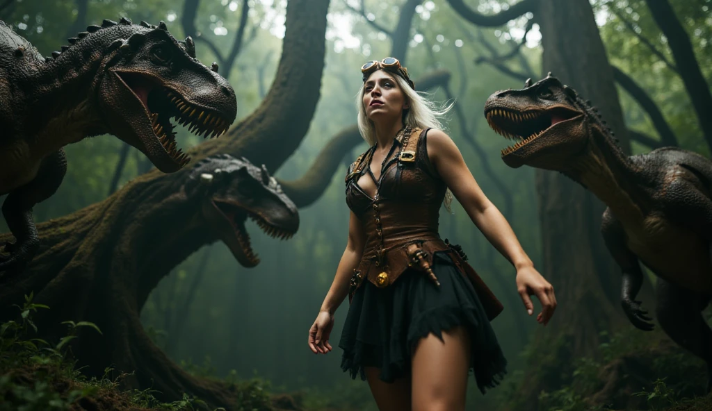 Beautiful warrior woman, full body, with long blonde hair blowing in the wind, next to a giant dragon, in a fantasy and medieval world, general shot, sexy, sensual warrior outfit.