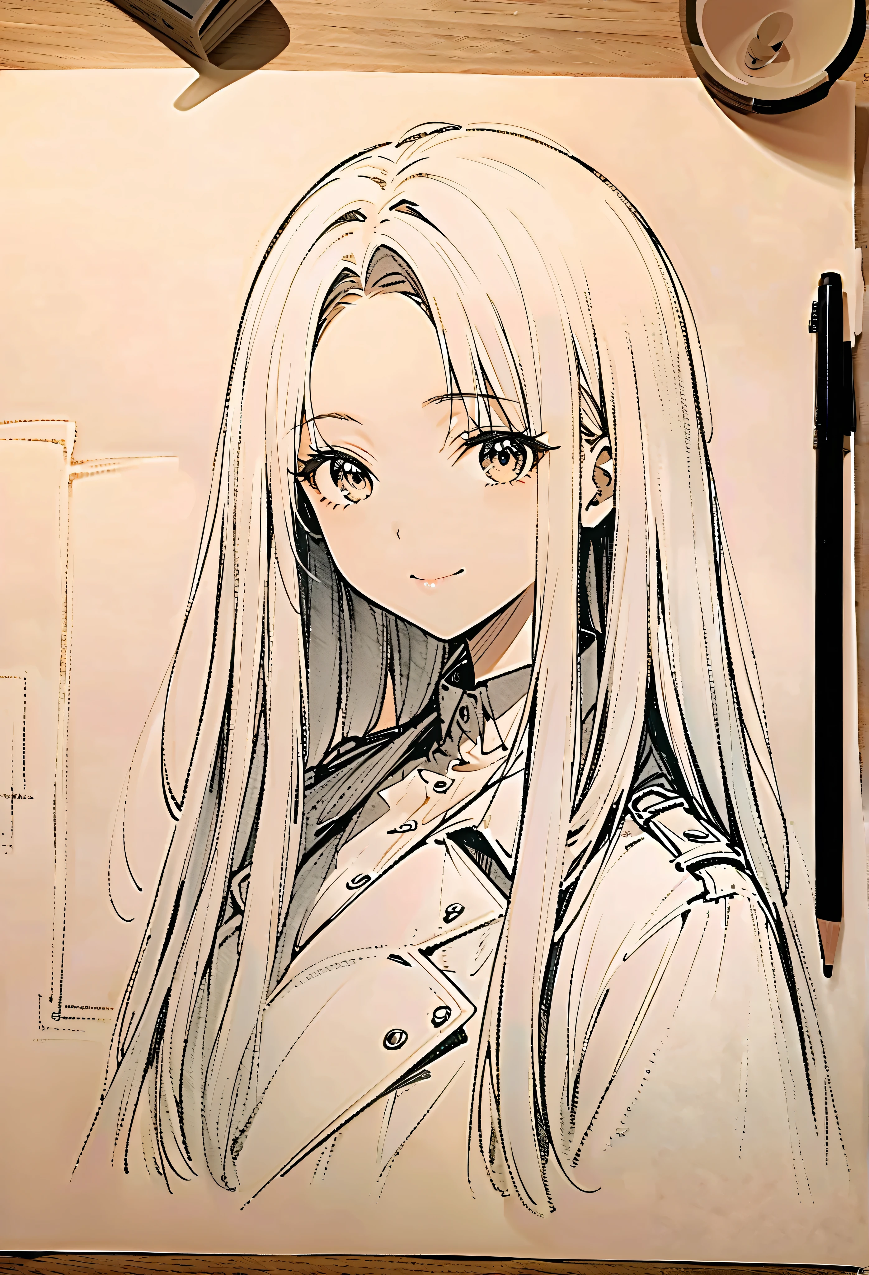 1 ,draw a line,monochrome,(sketch:1.5、template、pencil drawing:1.5、board:1.5),board,traditional media, upper body,search, Warm background ,(gothic style,Wear a large trench coat) , One、( One), beautiful portrait 、search、smile,long hair