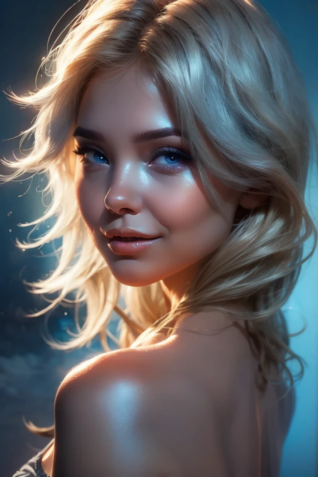 a ghostly, haunting, aesthetic nightmare, 1 woman, detailed face, melancholic expression, dark smoky atmosphere, moody lighting, intricate details, cinematic composition, dark fantasy, surreal, digital art, rounded face, very short disheveled blonde hair, big blue eyes, shy smile, perfect flat breast, look at you, glasses, monroe, DmitrysQuiron style
