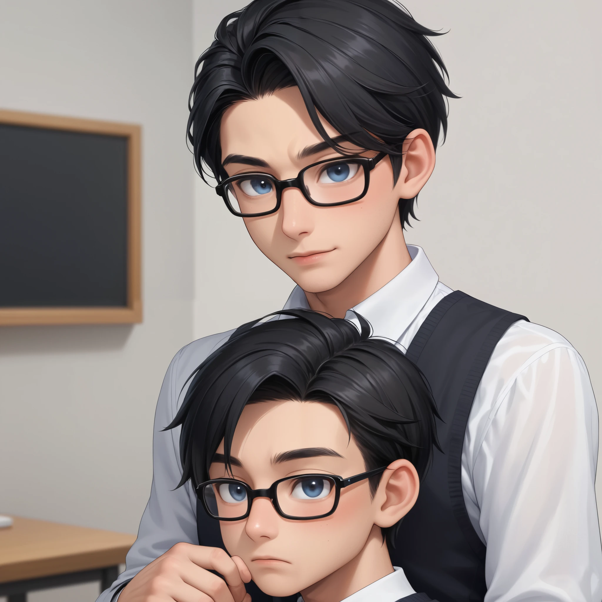 1man, young man , long black hair, human ears, wearing glasses
