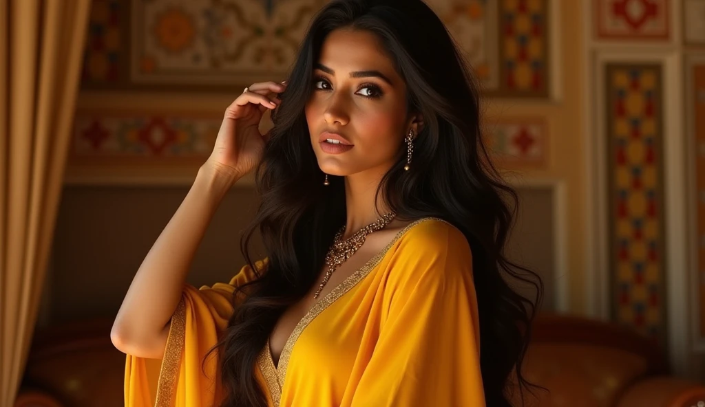Fashion model photography, orange dress, strong sense of design, medium shot, Egyptian beauty model, long hair, hair accessories, delicate skin, necklace, simple background, high texture, glare backlight, professional studio lighting