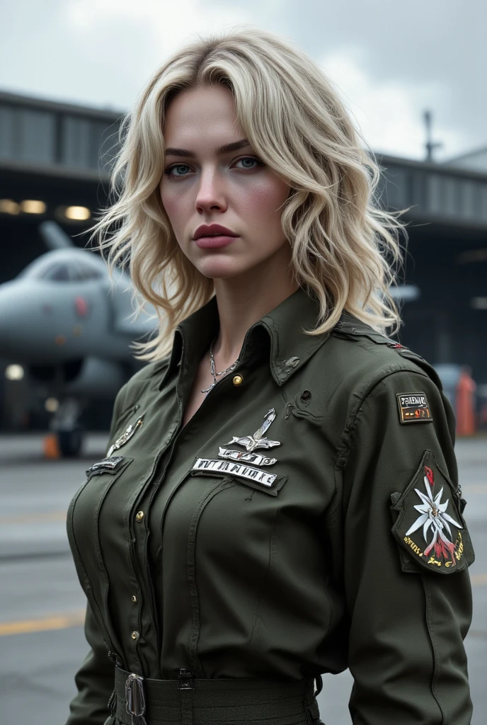 Realistic,Polite Dress,(Fighter Plane Action War Movie Poster),(Foundation Movie Reference: 1.8),Realistic,Air Force General Uniform,(Realistic Face Resolution),Cinematic Poses,Adult,Skinny,Small,Long Hair Dark Blonde Woman 1 Person,Serious Face,Science Fiction,Sci-Fi,Different Supporting Characters