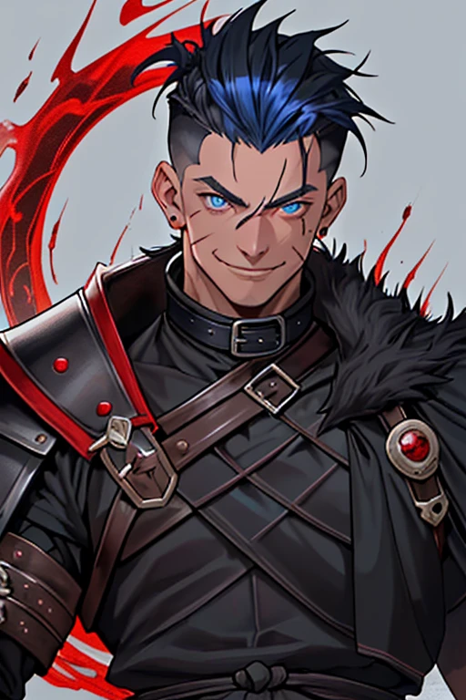portrait of guts \(berserk\), 1boy, black hair, smiling, teeth, closed mouth, looking at viewer, male focus, one eye closed, red background, scar, scar on face, scar on nose, scarf, short hair, solo, upper body, weapon on back, blood moon, red night, sword on back, traditional media