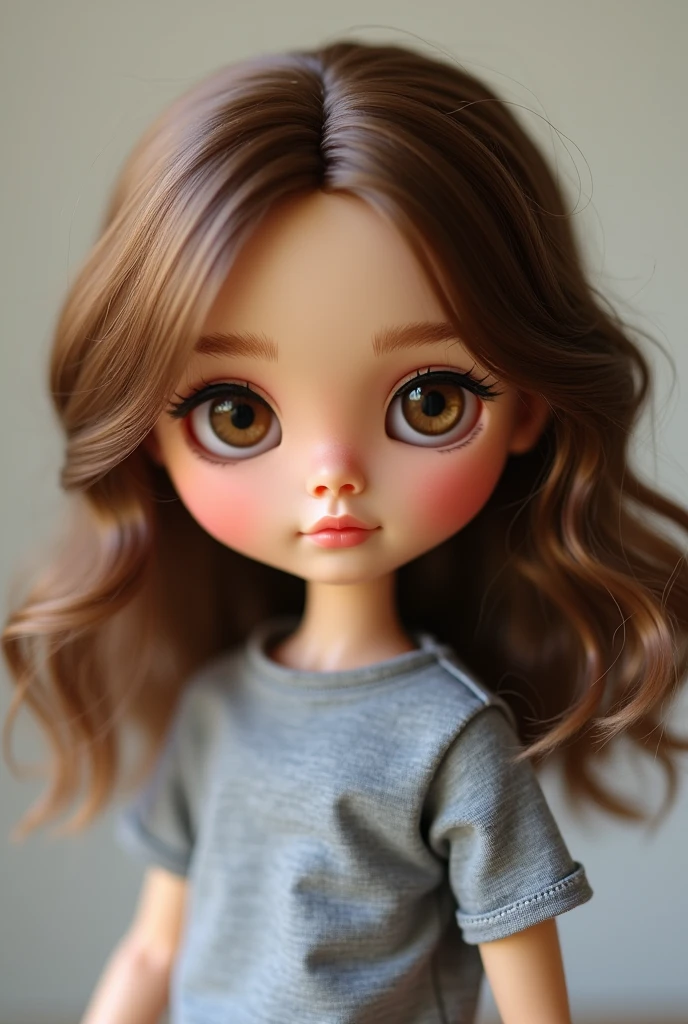 Blythe doll brunette, brown hair, dark brown eyes, mole on cheek and under eye, and wide upper lips and thin lower lips