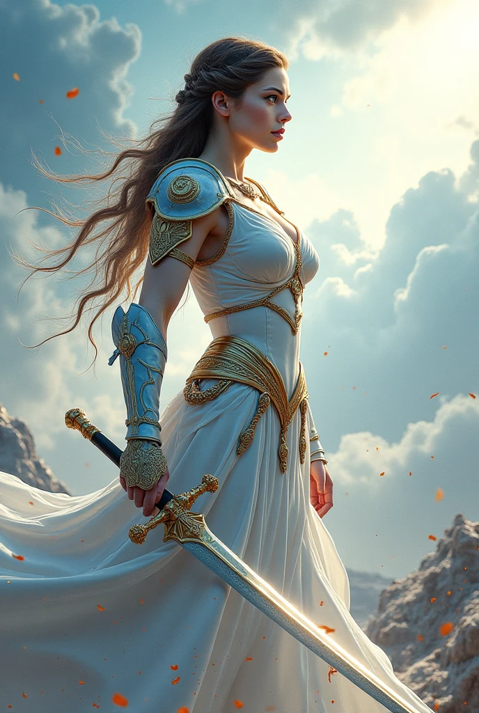 An incredibly beautiful young femme blonde with dark blue eyes, she has short golden-wheat hair, decorated with flowers, jewelry, she is a goddess, she wears the clothes of the goddess Gaia. She stands on the top of the mountain, holding a sword in her hands, strong wind pores ruffle her hair and clothes. Realistic image. Masterpiece, perfect image, realistic photos, full-length image, 8k, detailed image, extremely detailed illustration, a real masterpiece of the highest quality, with careful drawing.