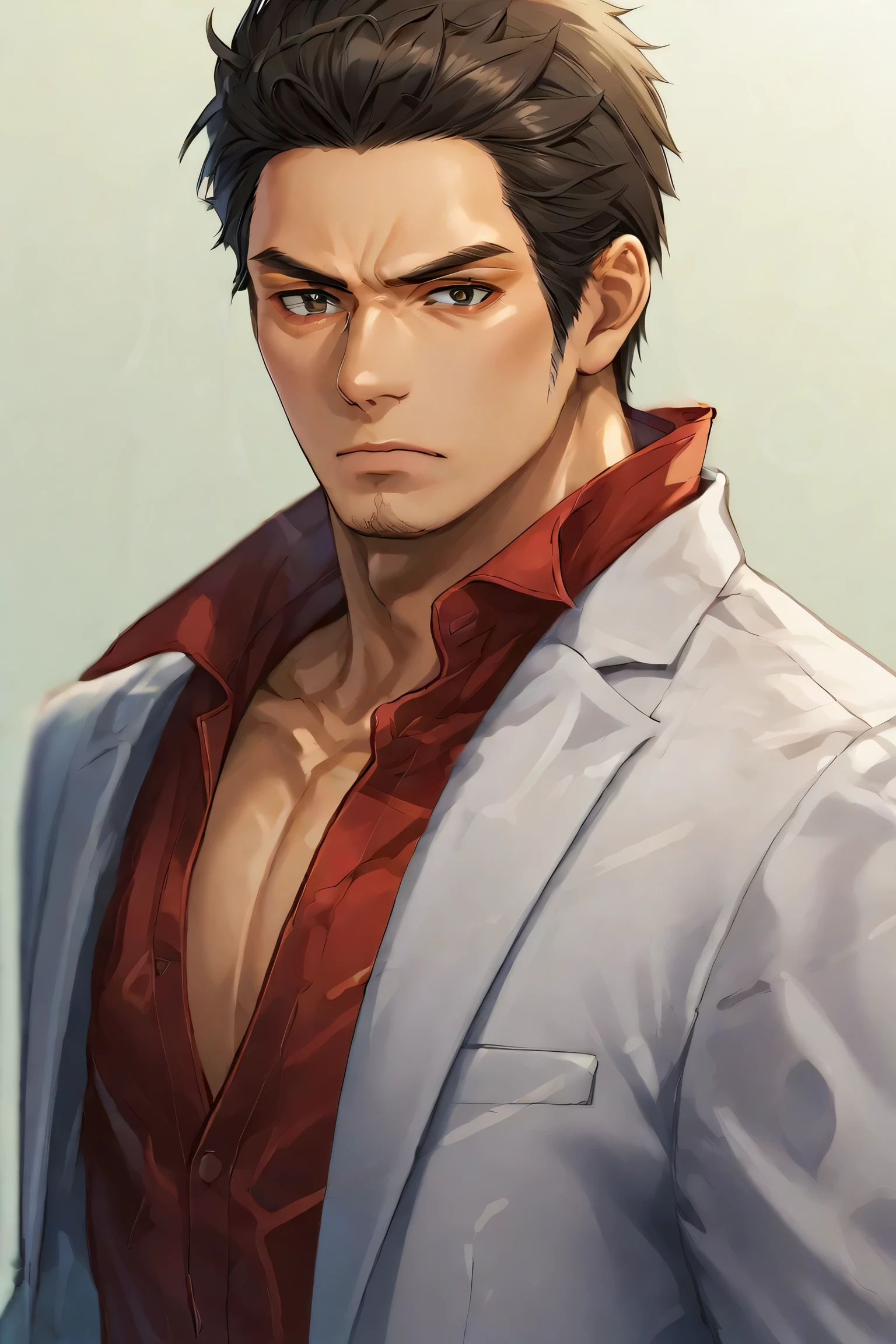 score_9, score_8_up, score_7_up, BREAK, 1boy, solo, kiryukazuma, red shirt, jacket, formal, suit, pants, belt, muscular, portrait, looking at viewer,