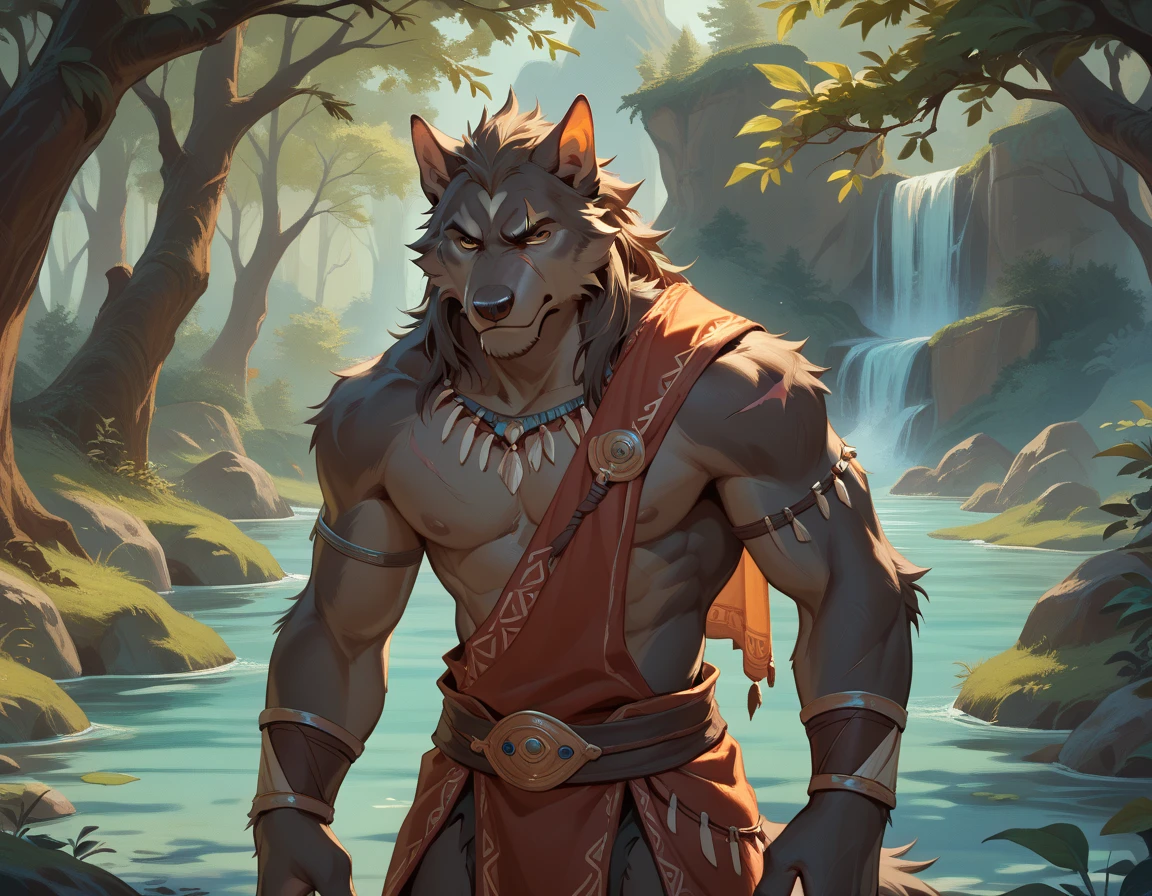 Tall and mighty male black wolf,Leaning next to a big tree,Dark green hair all over body,Sitting on the ground and looking into the distance,Beautiful views around,Youth-oriented,hairy body