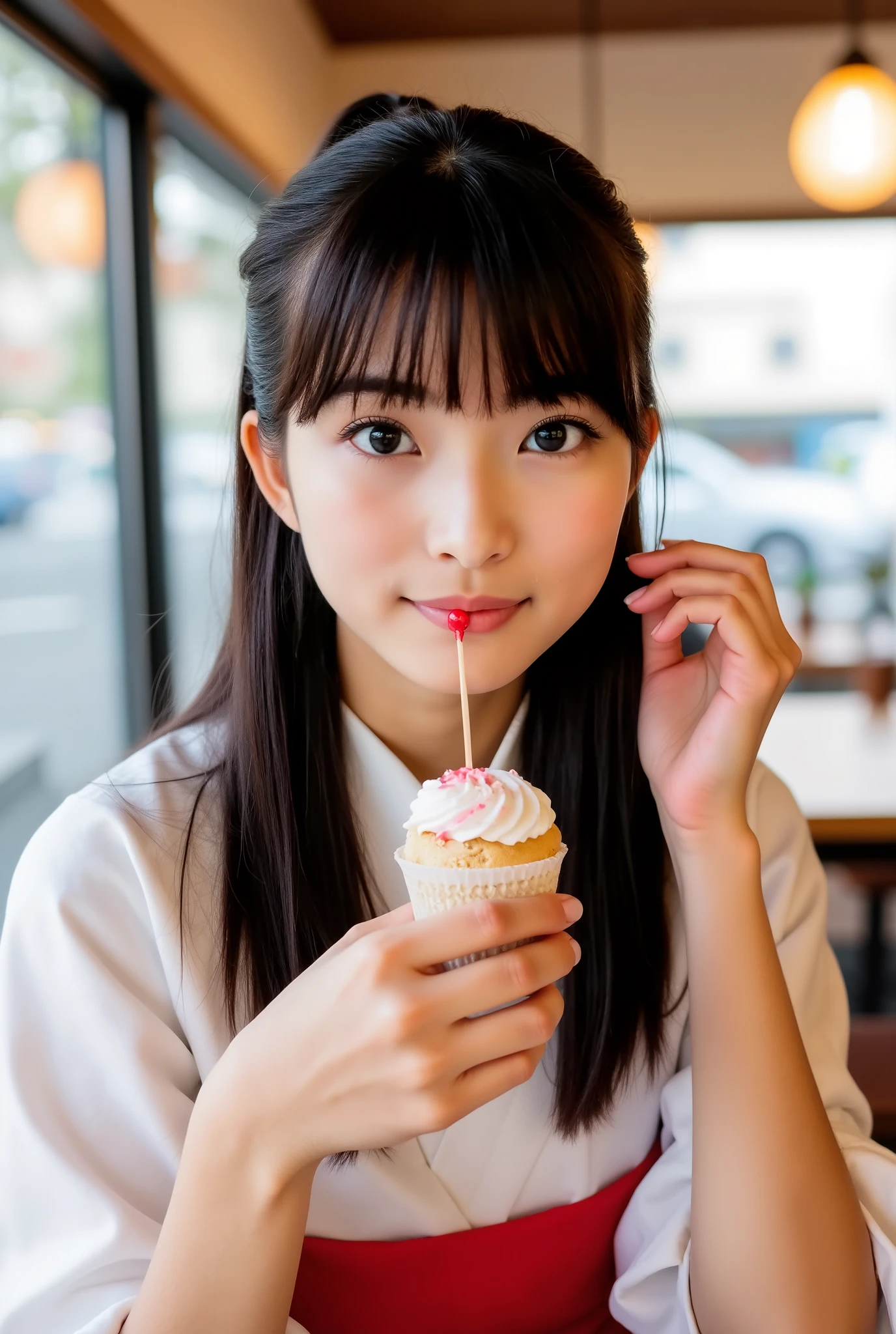 Create a vibrant photo collection featuring a Japanese idol girl. She has fair skin, long straight black hair styled in a ponytail with bangs. The girl wears a glossy hakama, showcasing her elegance and charm. Capture full-body shots of her enjoying sweets at a café, highlighting her purity and grace.