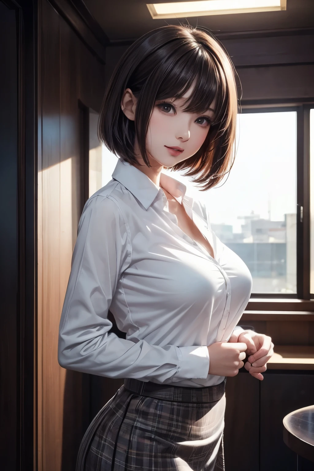 28-year-old Japanese woman,(非常にdetailedな肌)(Beautiful female body)(美しいBig Breasts)(Big Breasts)(Pale skin)(Pointed Chest),(Erect nipples)(Best image quality)(Hyperrealist portrait),(8k),(Ultra-realistic,最high quality, high quality, High resolution)(high quality texture)(Attention to detail)(Beautiful details)(detailed,Extremely detailed CG,detailed Texture)(Realistic facial expressions,masterpiece,in front,dynamic,bold),(((short pixie cut))),(Very thin hair)(Super Straight Hair:1.5)( sleek bangs,Very light coppery amber hair,Hair in one eye) (((White shirt))) (((Pleated skirt)))(((She's not wearing panties under her skirt))) (((sit astride a high-backed chair))) (((Sit with your chest against the backrest))) (((Rear View))) (((Photo from behind))) (((彼女はAccentuate your buttために背中を反らせている))) (((The lines of the body are clearly visible)))、(((Depiction of beautiful fingers))) (((Beautiful body depiction))) (((Sit with your legs apart)))、(((Accentuate your thighs)))(((I can see your thighs)))(((Accentuate your butt)))、(((Full body photo)))、(((Low angle photo)))、(((Correct ankle orientation)))(((The correct number of legs))) (((Accurate Body Composition))) (((正確な後ろからのFull body photo)))