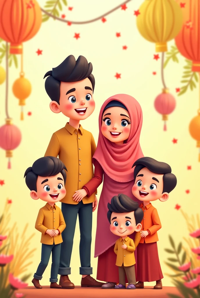 "A complete Indonesian family photo in 4D detail. A 30-year-old father and a 29-year-old mother standing with their five children: a 12-year-old son, two daughters aged 8 and 4, and a 10-month-old baby. The family looks harmonious and happy, with a warm and cheerful background."