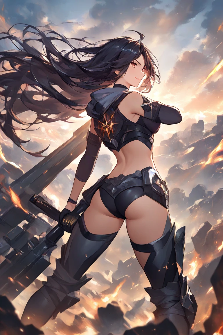 16K, HDR, UHD, RTX, RAW, extremely detailed, ultra realistic, absurdres, best quality, masterpiece, cinametic lighting, outdoor, ethereal, atmospheric, dark fantasy, perfect anatomy, 1girl, solo, beautiful, sexy, back view, sexy body, bubble butt, dual wielding, mythical swords, corrupted aura, mystical, powerful aura, massive landscape, depth of field, mountains, boss fight, fantasy
