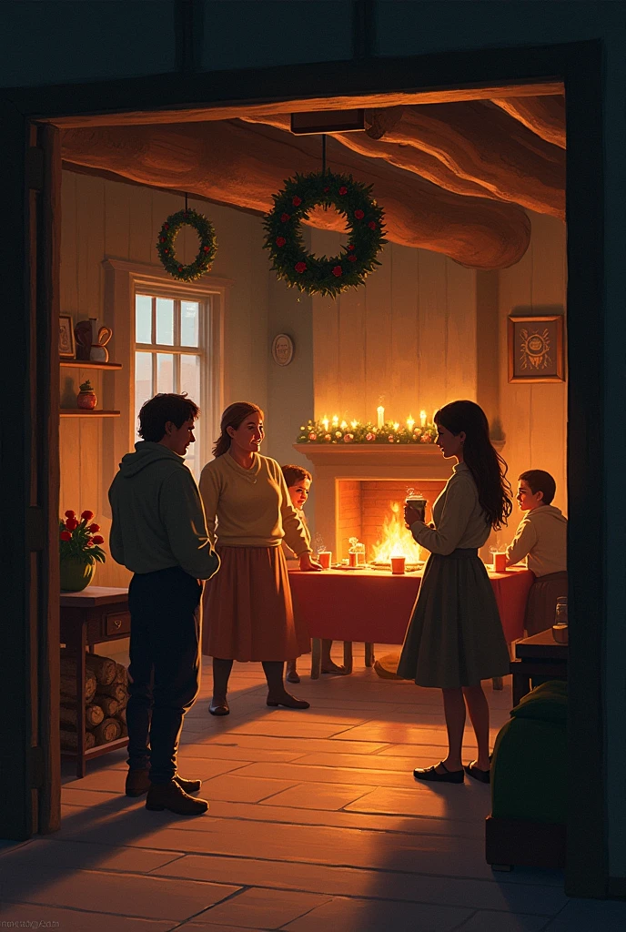 (anime, digital paint, children entering the gingerbread house, warm and inviting interior, large candy-covered table, cozy fireplace with flickering flames, detailed candy and food all around, the children looking around in awe, homely and deceptive atmosphere)