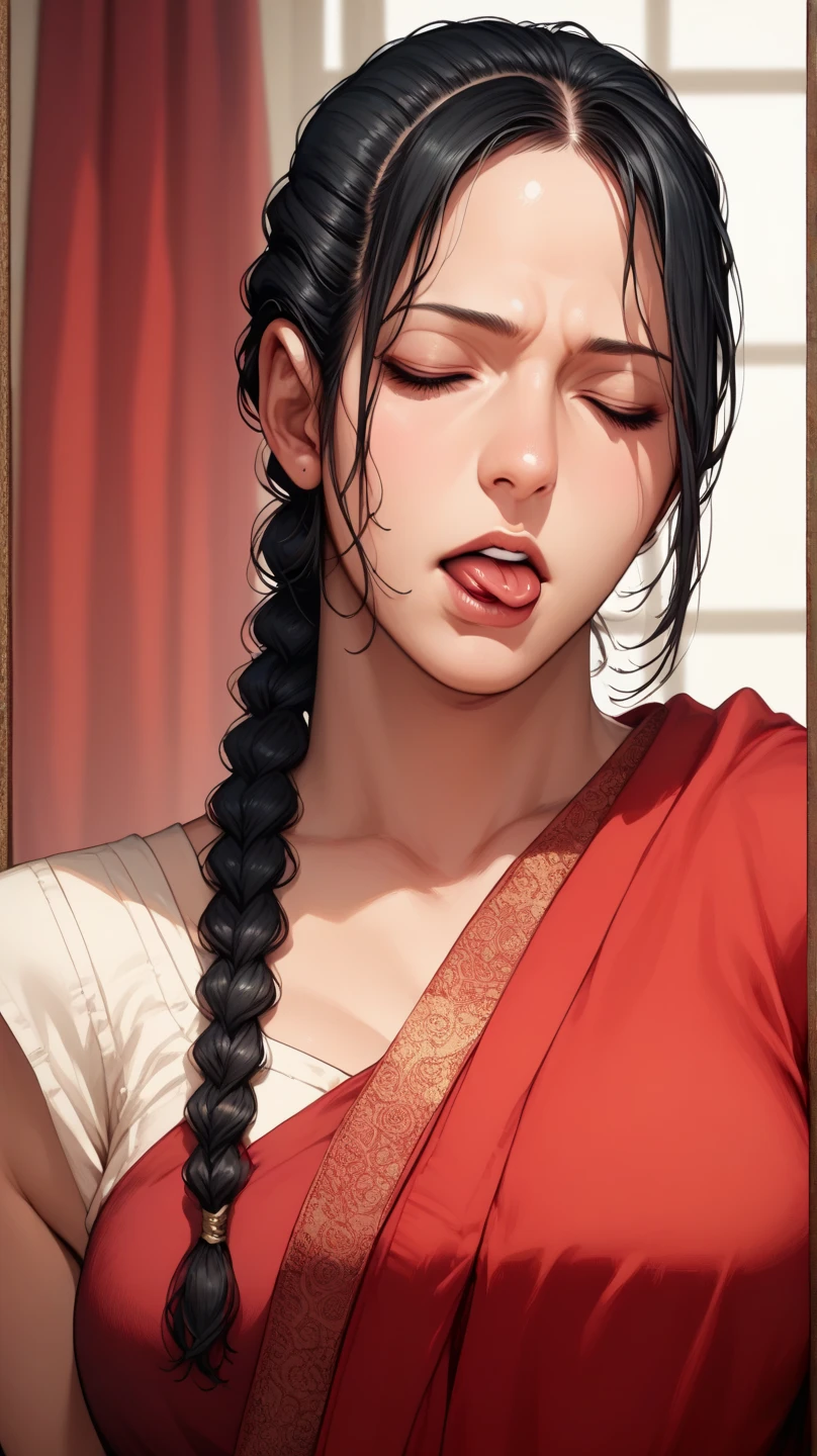 Sexy and cute woman, black curly hair, braids, low neck revealing yellow blouse, dark red saree
