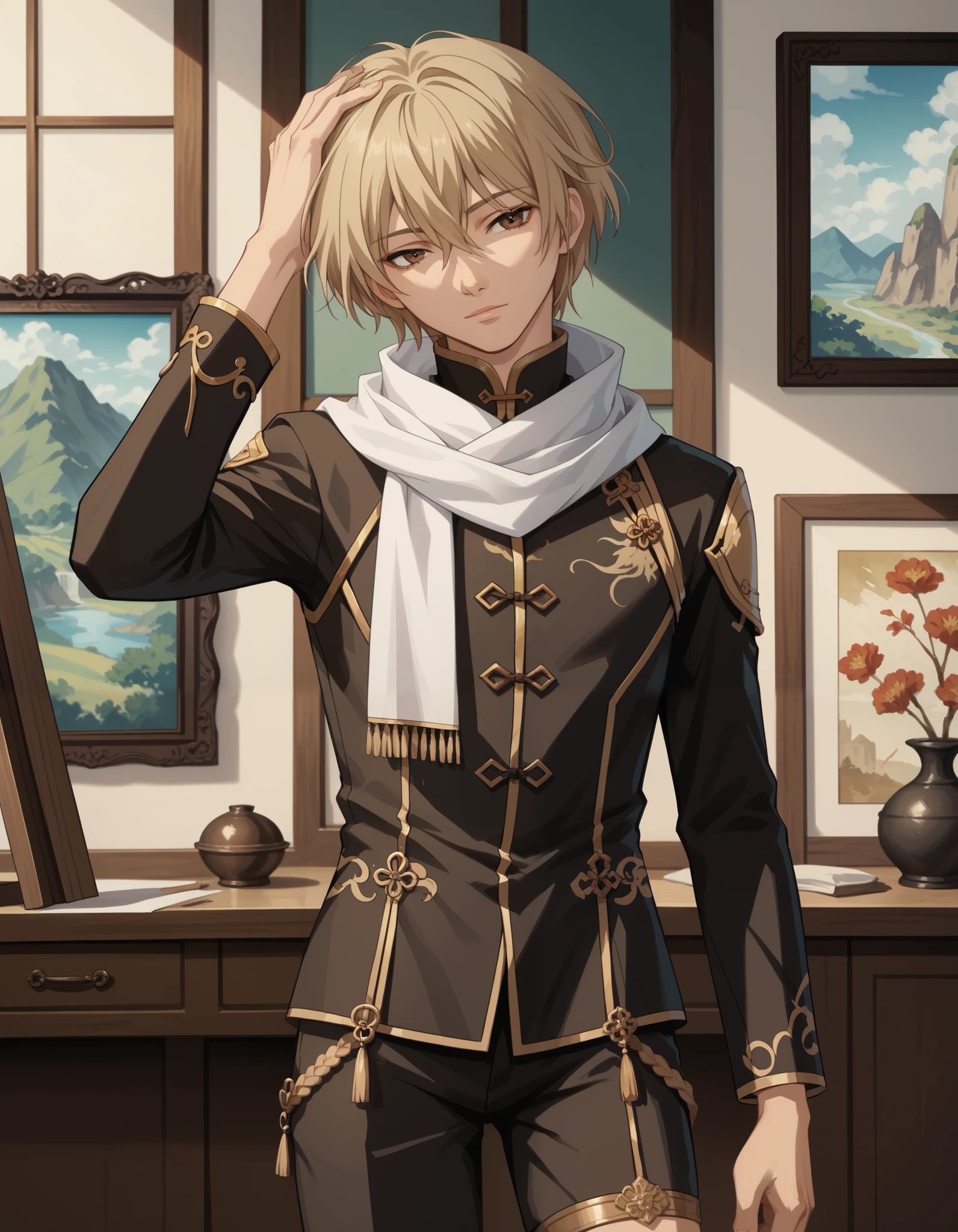 score_9, score_8_up, score_7_up, source_anime, 1boy, slim, bishounen, twink, hand in head, male focus, solo, sensisono, light blonde hair, brown eyes, hair between eyes, short hair, white scarf, bangs, chinese clothes, turtleneck, shirt, intricate clothing, fantasy style, embroidery, long sleeves, white and gold clothing, pants, closed mouth, head tilt, indoors, cowboy shot, thigh strap, a landscape painting canvas