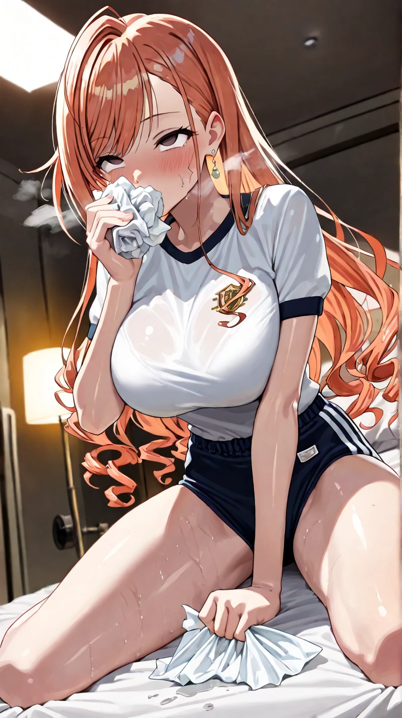 A female tramp is squatting, Wearing a shabby T-shirt, Wearing white underwear, emphasize her cleavage, sweating, And blush.