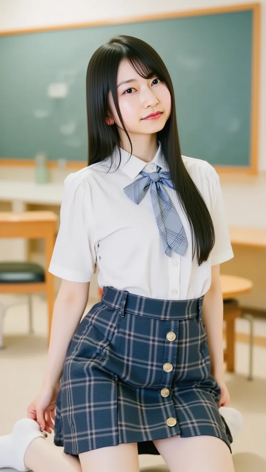 arafed asian woman in a school uniform posing in front of a blackboard, a hyperrealistic schoolgirl, wearing japanese school uniform, hyperrealistic schoolgirl, japanese girl school uniform, wearing school uniform, japanese school uniform, realistic schoolgirl, girl wearing uniform, cute schoolgirl, wearing a school uniform, jk uniform, school girl, korean girl, (1girl blue eyes light black hair), big ass full breasts until waiting wearing, (mini sexy swinging skirt round: 1.3), varied poses.