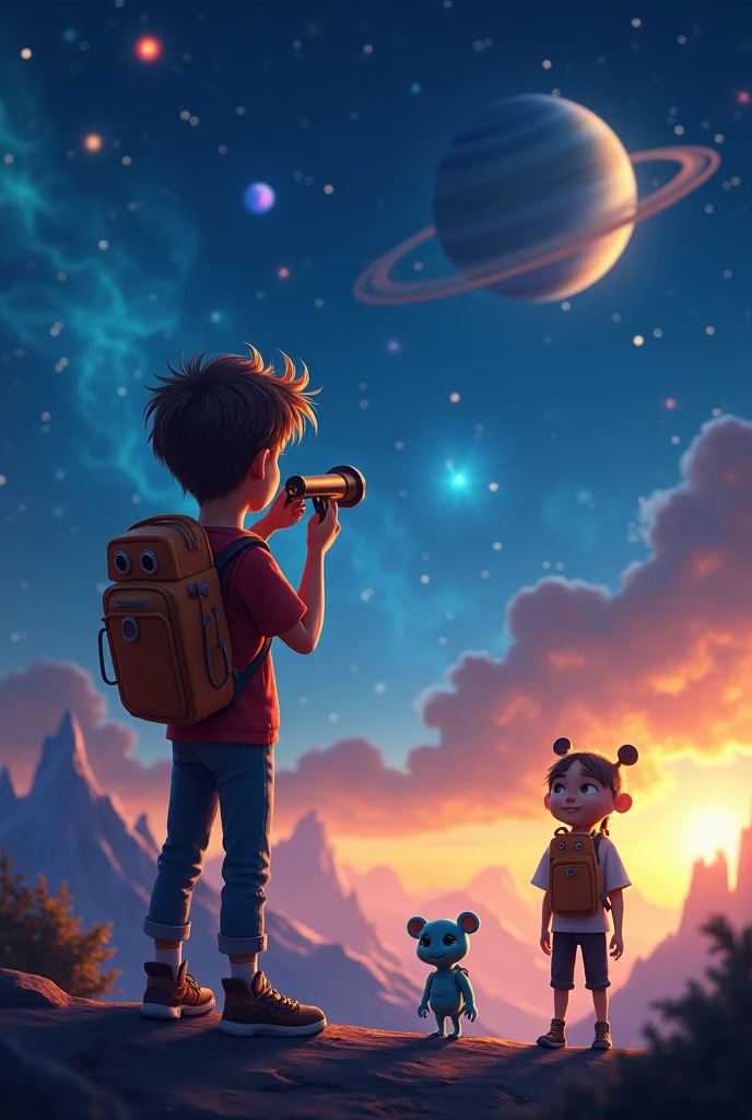 "Little Star Trekker: Peter's Amazing Journey Through Space!" various poses children's book illustration style, simple, cute, 6 years old, colors, short dark brown hair, plain color, blue shirt, jeans without belt, without hat, without book, with glasses, with backpack --auto