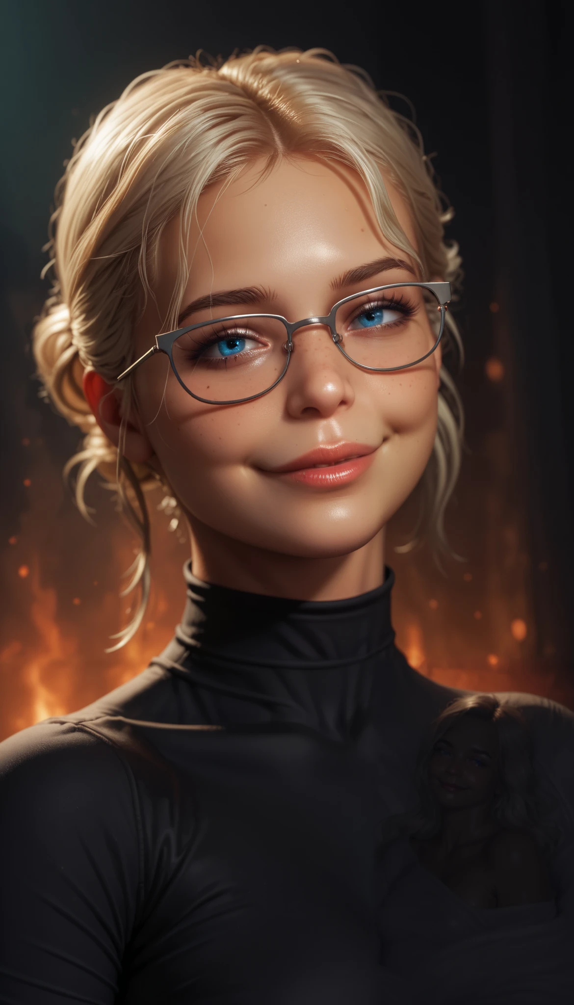 score_9, score_8_up, score_7_up, score_6_up, high resolution, ultradetailed, high detailed picture, look at you, dynamic pose, dynamic angle, smug, seductive, by dmitrys, a ghostly, haunting, aesthetic nightmare, 1 woman, detailed face, melancholic expression, dark smoky atmosphere, moody lighting, intricate details, cinematic composition, dark fantasy, surreal, digital art, rounded face, very short disheveled blonde hair, big blue eyes, shy smile, perfect flat breast, look at you, glasses, sweetmonroe