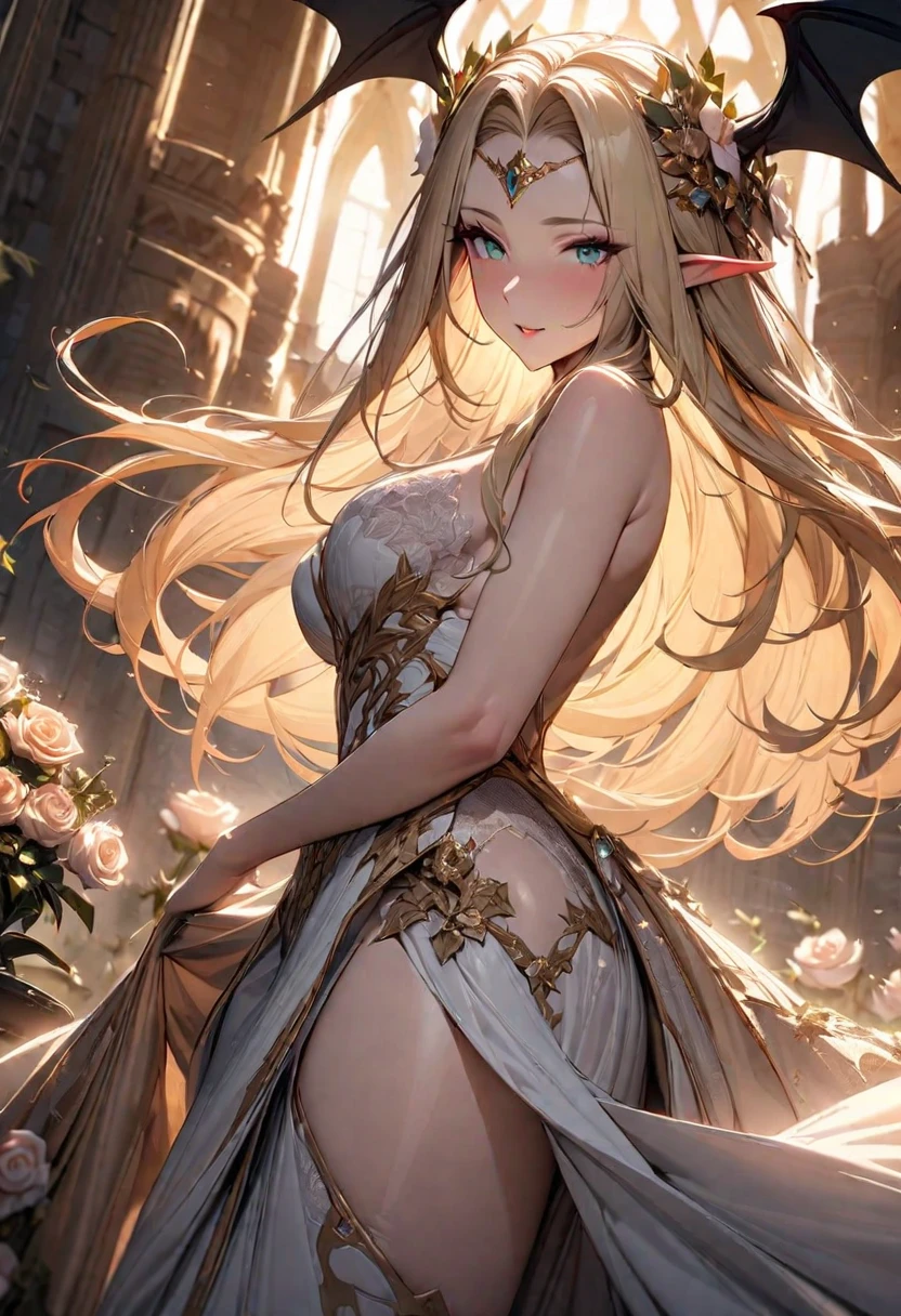 best quality,Amazing,masterpiece,delicate,ultra high res,ultra detailed,intricate detail,beautiful detailed,8k resolution,professional lighting,Camcorder Effect,(rim lighting),sharp focus,(extremely detailed CG unity 8k wallpaper),elf,female pervert,milf,pink eyes,seductive smile,strapless dress,lace-trimmed dress,sheath dress,necklace,gigantic breasts,covered,chest jewel,bursting breasts,perky breasts,framed breasts,rei no himo,long pointy ears,bare legs,thick thighs,bare shoulders,collarbone,strappy heels,arms behind back,hair ornament,flower on head,looking at viewers