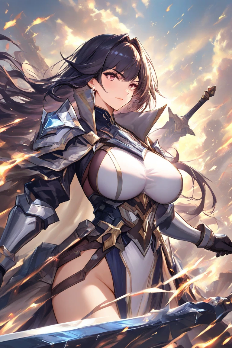 Close up portrait of woman in black bikini holding sword, knights of zodiac girl, portrait knights of zodiac girl, Woman with short red hair, Brown-eyed woman, Muscular woman, feminine and muscular, In garnet armor, Bikini Armor Girl, Woman in belly button costume, huge tit, with large breasts, oppai, seductive princess knight, Smooth Anime CG Art, Princess Knight, princess intergalactica, big muscle, Princess of Garnet, Garnet reflective armor, digital manga art, High quality anime art style,