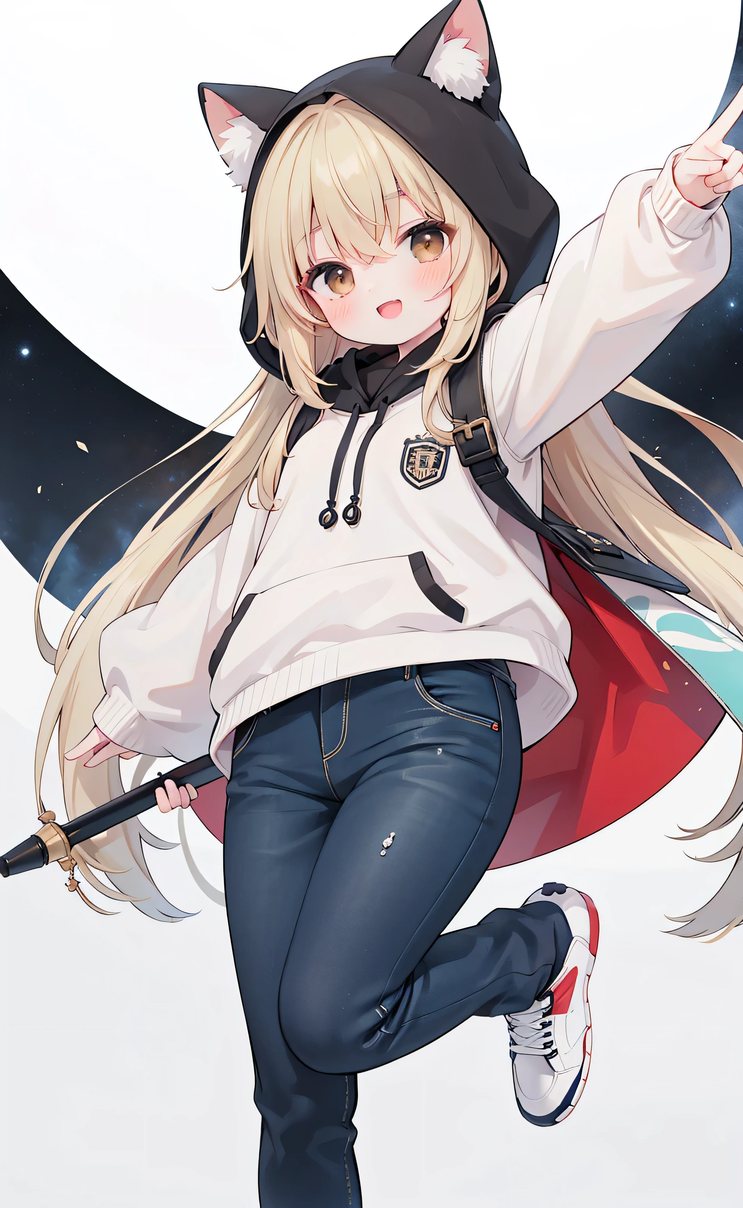 extremely DetailD的 CG unifieD 8k wallpapers, very fine 8kcg-background images , Huang Li, Best quality ,ultra - DetaileD , beautiful face , Meisterwerk、 Meisterwerk, erstklassig, 1 girl in, A girl stanDs, Best quality , 1 girl in, ”} The explosion ,, , allein, Start-up,, ssmile, with an open mouth, very sweet smile, Looking at the viewer , arms stretcheD wiDe, monochrome beige hoodie,Hood up on hair, jeans, sneaker , long dark blonDe hair , longer sleeves ,Durch Pony,, brown eyes, :D, long BlonDe hair, hair between eyes , narrow hips , narrow legs, Jump up , No image detail, legs and feet in the picture