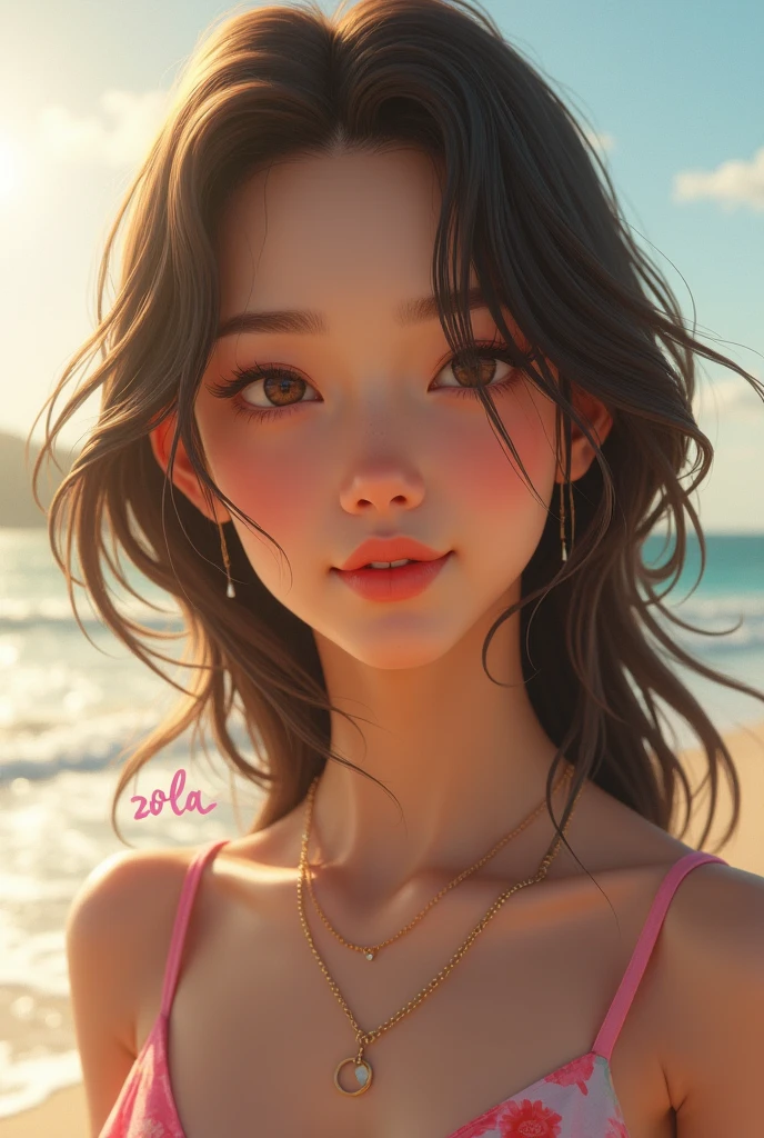 (Sharp focus: 1.5), (Sharp focus:1.2), Portraiture, intractive young woman, (Beautiful Face:1.1), Fine grain, Seductive lips, (eye make up:1.2), (Toned body:1.2), wear (Floral Dress:1.2) in (Beach:1.2). (Morning Sun:1.2), Depth of written boundary, Bokeh, 4K, High resolution. by (James C. Christensen:1.2|Jeremy Lipking:1.1).