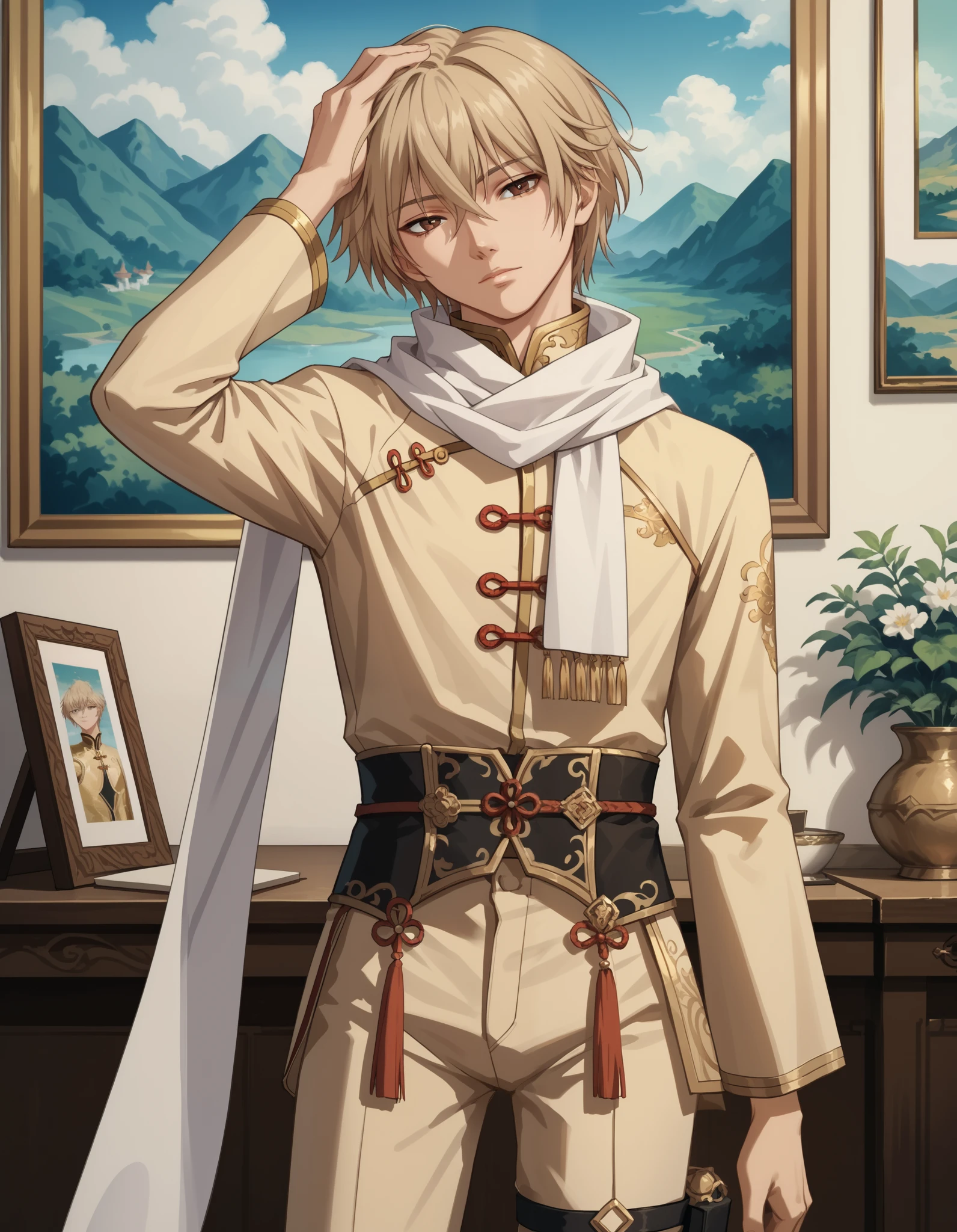 score_9, score_8_up, score_7_up, source_anime, 1boy, slim, bishounen, twink, hand in head, male focus, solo, sensisono, light blonde hair, brown eyes, hair between eyes, short hair, white scarf, bangs, chinese clothes, turtleneck, shirt, intricate clothing, fantasy style, embroidery, long sleeves, white and gold clothing, pants, closed mouth, head tilt, indoors, cowboy shot, thigh strap, a landscape painting canvas