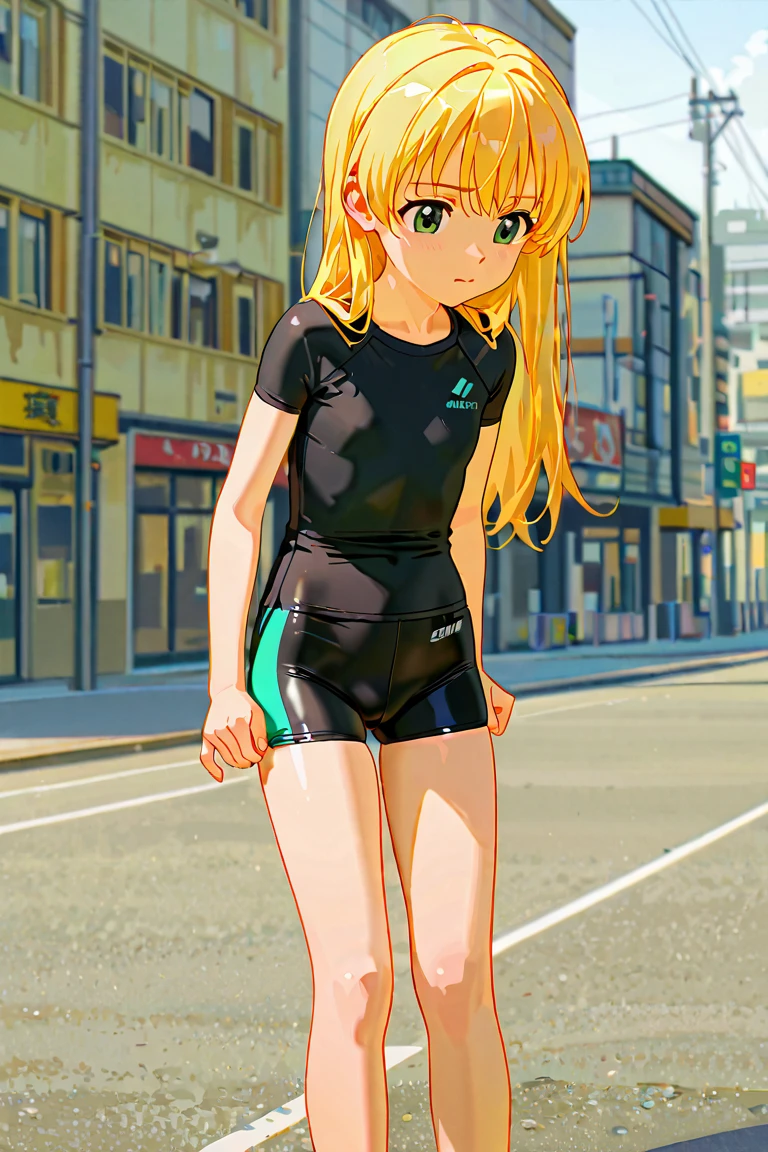 Blonde Japanese woman with green eyes. Athletic and sensual body, with full breasts. Small and sexy martial arts clothing. In an urban arena