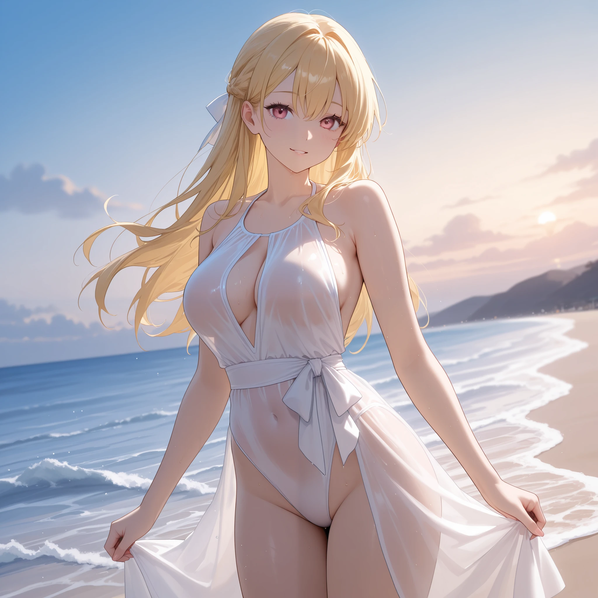 ((Highest quality、、masterpiece:1.3)), Upper Body、Long legs、Sharp focus:1.2, Beautiful woman with perfect figure:1.4、Big Breasts, (Smiling:1.2), double eyelid、30-year-old female、Sexy pose、((((walking on the water,bare foot,Close your mouth、One Woman、dress:1.5))))、Blue Eyes,Fantasy