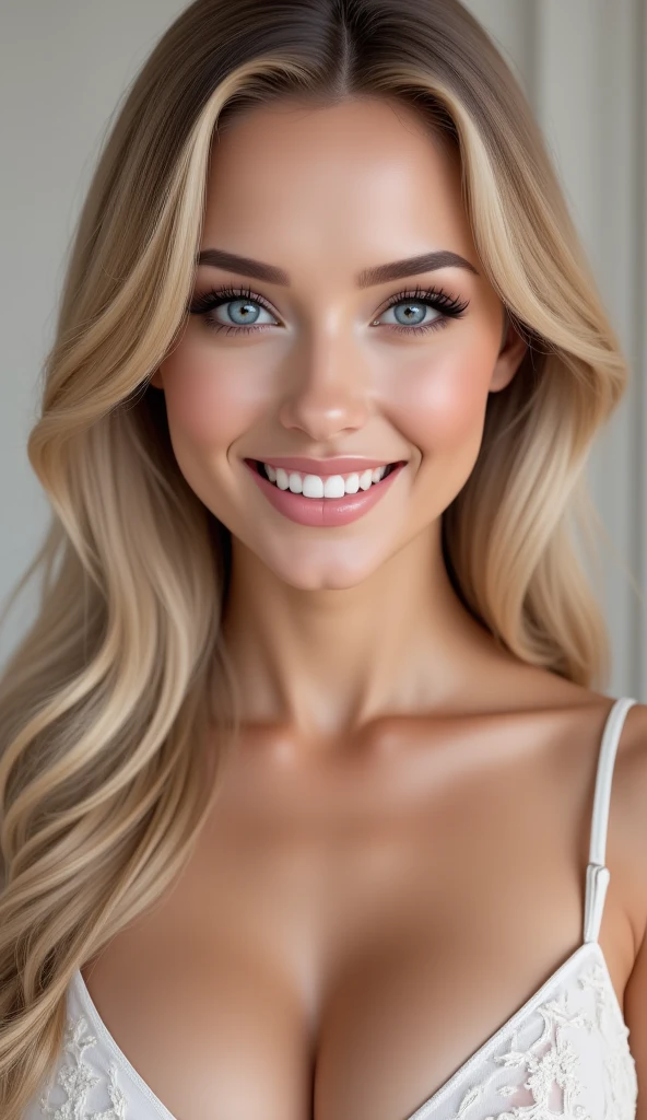 (photorealism:1.2), beautiful woman, long blonde straight hair, 32C breast size, blue eyes, heavy sexy makeup with sexy lipstick, eyes contact, flirty and sexy smile, happy, perfect teeth smile