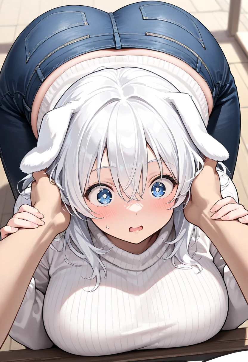 cute girl, anime, silver hair, blue eyes, feel shy, indoor, on the bed, (orgasm:1.1), spread legs, small bust, cute, (young:1.3), (o-face:1.2), (sex:1.3), nude, normal position, (side shot:1.2), lie down