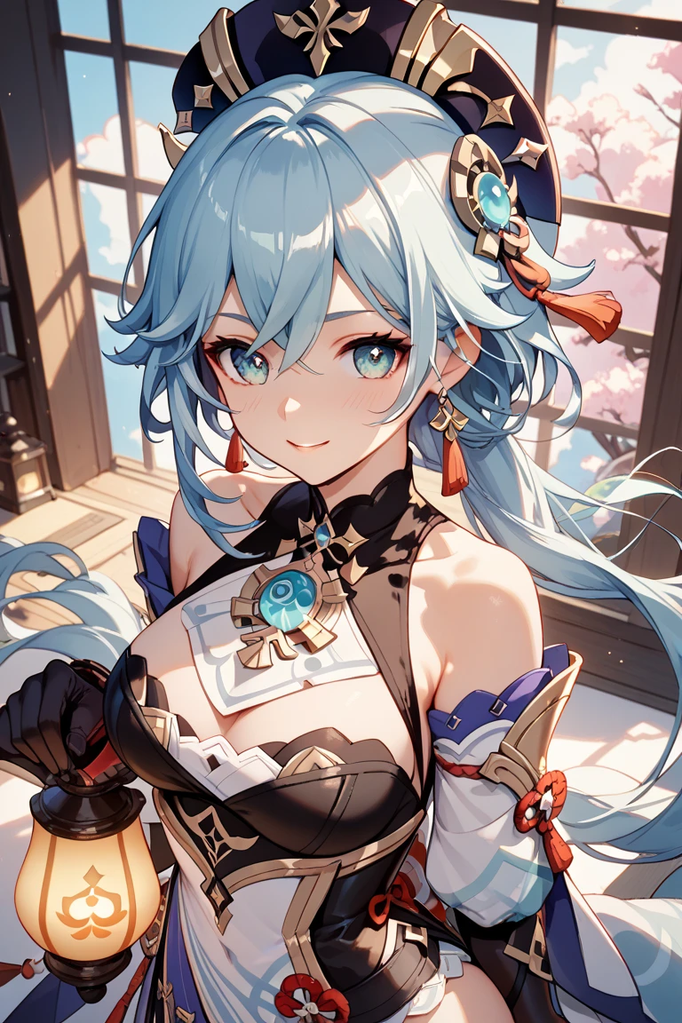 (masterpiece, medium shot, Beautiful detailed eyes: 1.2), portrait, hired \(genshin impact\), 1 girl, Ahoge, architecture, bangs, bare shoulders, bell, black gloves, black pantyhose, (blue hair), blush, chest, chinese knot, removed sleeve, flower knot, gloves, horn, long hair, looking at the viewer, medium chest, neck bell