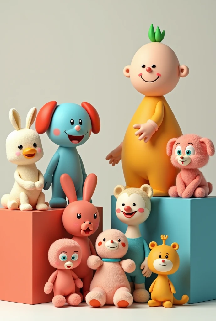 Creative 3D characters in Notion, a website style with fun expressions, wearing patterned shirts and shorts. Hand-painted textures with vivid colors Renders in 6K resolution with soft, light and white background.