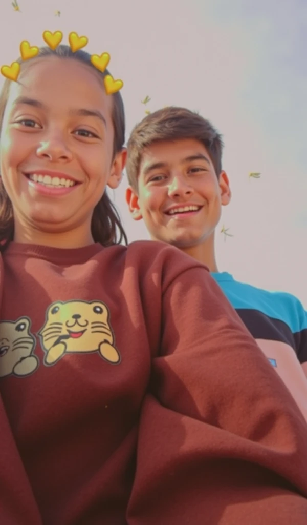 Disney Pixar of a boy and Girl. Boy wear black shirts and Girl wearing a pink shirt while put her hands onto the boy shoulder, the background is Blue sky and tree