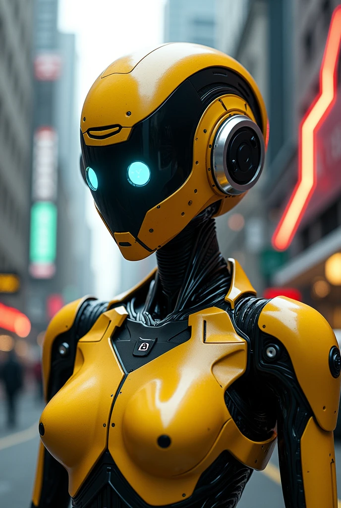 ral-opal, meahophontron, cyberpunk, woman ROBOT futuristic helmet (light yellow suit, black gray, light blue brown) With futuristic armor, city in the cyberpunk desert, blue colors, negro, gris con soft tones hdr, soft tones