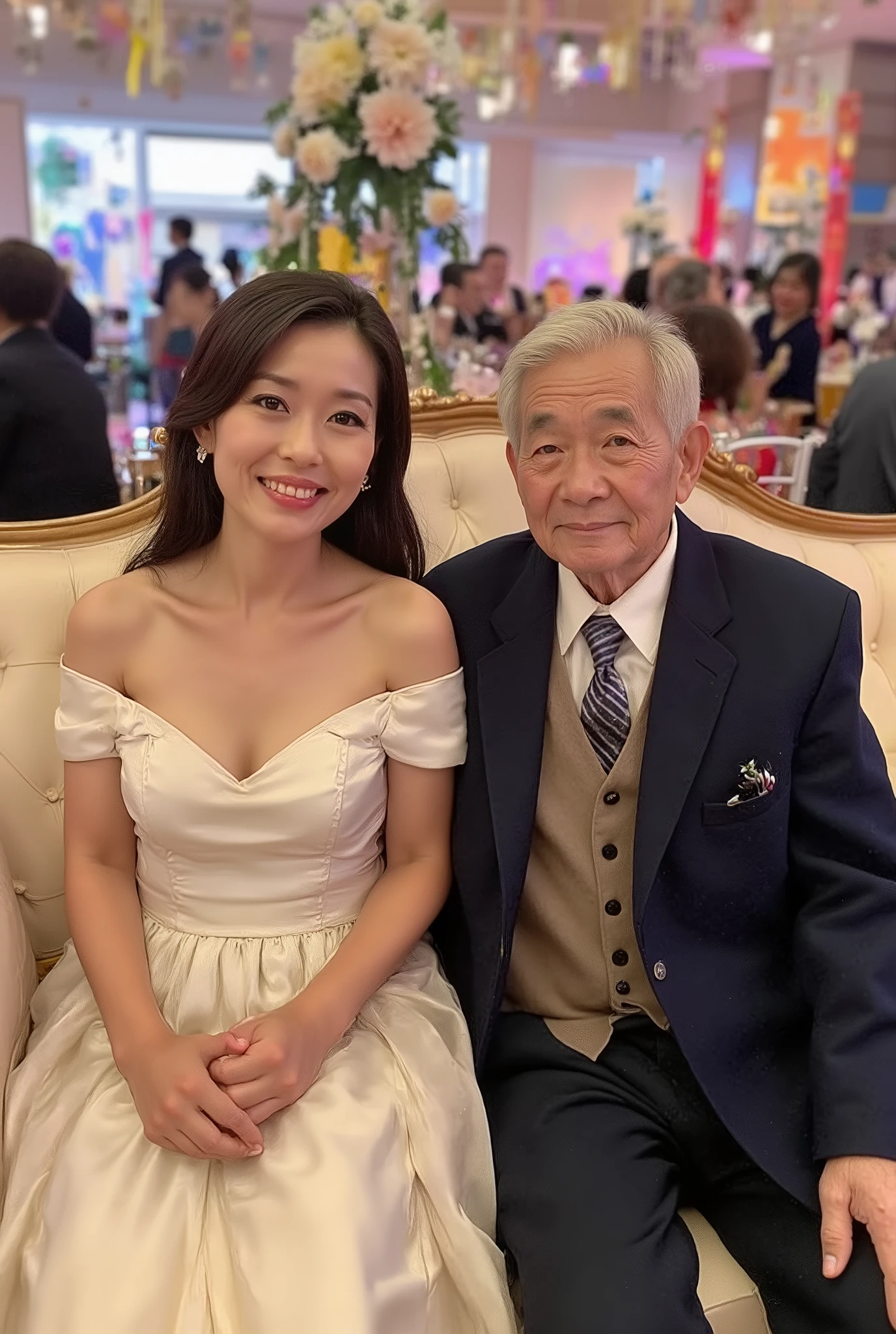 Asian Southeast girl wearing off the-shoulder's wedding dress, silky, clothes, sitting in sofa a asian Southeast girl 40-year-old, with old man 80-year-old wearing navy lab coat, watched many people, wedding decoration background , Written "Happy anniversary"