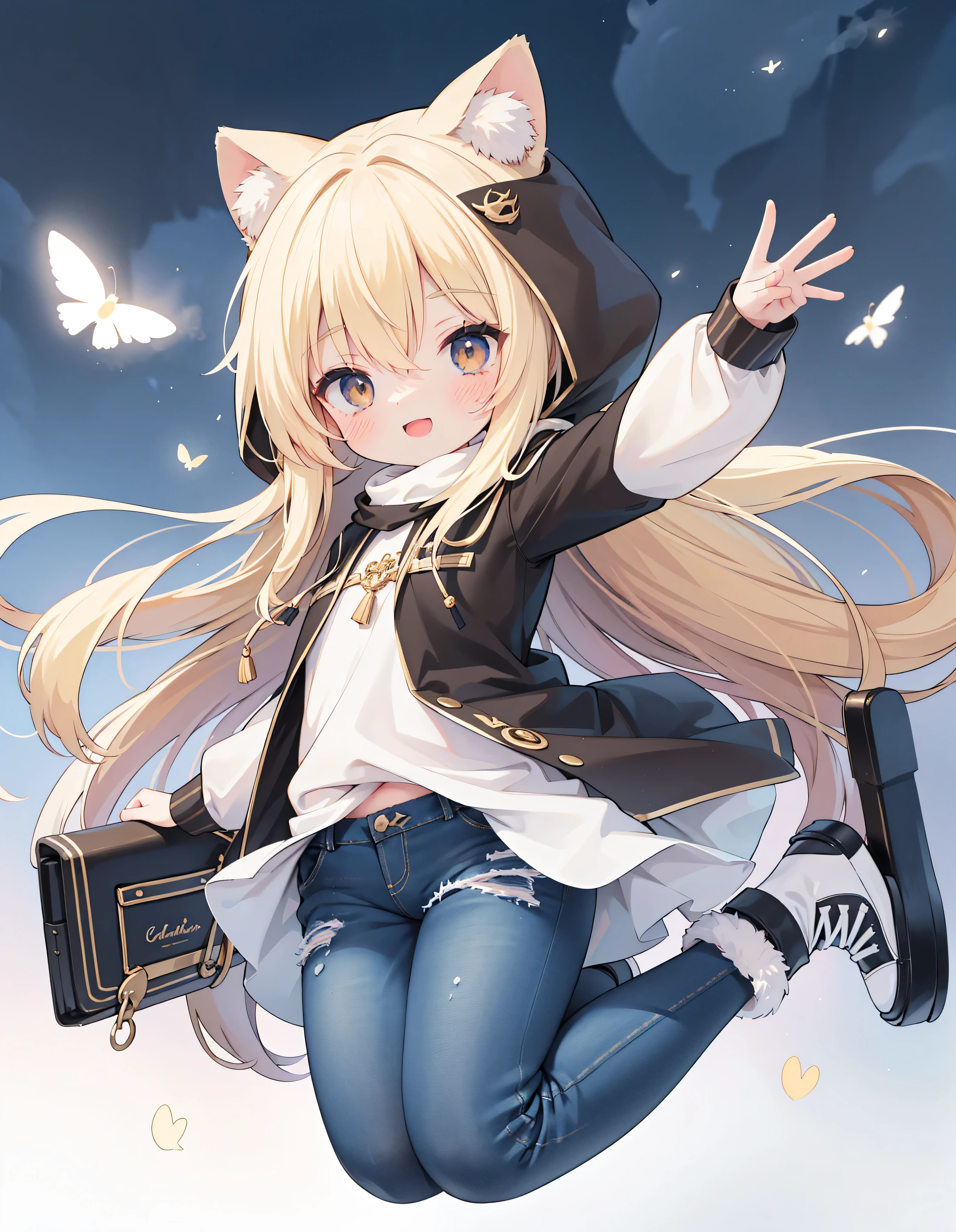 extremely DetailD的 CG unifieD 8k wallpapers, very nice 8kcg-wallpapers , Huang Li,aDs on , Best quality ,ultra - DetaileD , beautiful face , Meisterwerk、 Meisterwerk, erstklassig, 1 girl in, A girl jumps, Best quality , 1 girl in, ”} The explosion , , , allein, Start-up, ssmile, with an open mouth, very sweet smile, looks at the viewer , arms stretcheD wiDe, light sweater with hood,hood on head, giraffe ears , long blonDe hair , jeans, sneaker, longer sleeves ,, Durch Pony,, brown eyes, :D, long flying BlonDe hair, hair between eyes ,Jump up , white backgrounD, Does jeans have on, legs and sneakers are in the picture, Legs bent when jumping, flat chest