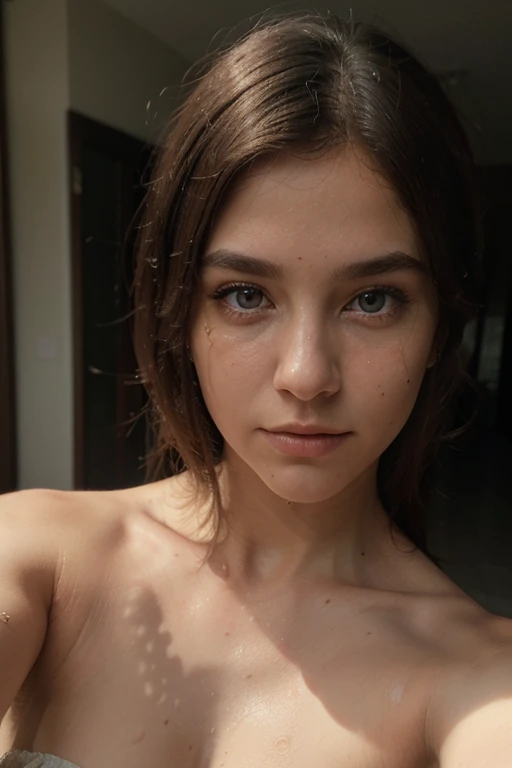 A petite girl, 13yo slim girl, at home doing some homework, eret nipple, areolas, South East Asian, cutest face, round face, vshape, natural skin colour, pubic hair,