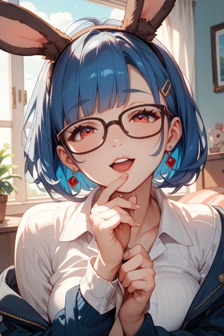 , (avert your eyes:1.2), masterpiece、最high quality、( medium hair:1.5),Light blue hair,blue eyes,17-year-old female,Blake She's wearing a white off-the-shoulder blouse.., Blake Smile, (smile:1.5)Open your mouth, standing、The background is a coffee shop、The upper body is shown、alone、1 girl, , 超High resolution, retina, masterpiece, Accurate, Anatomically correct, Rough skin, Very detailed, Advanced Details, high quality, Awards, 最high quality, High resolution, hd, 4K,(anime,8k,masterpiece, 最high quality, 最high quality,beautifully、aesthetic:1.2,Professional Illustration:1.1,Very detailed:1.3,Perfect lighting),Very detailed,Most detailed,High resolution,Put your index finger to your mouth,(A girl with glasses),(Grin.:1.3),